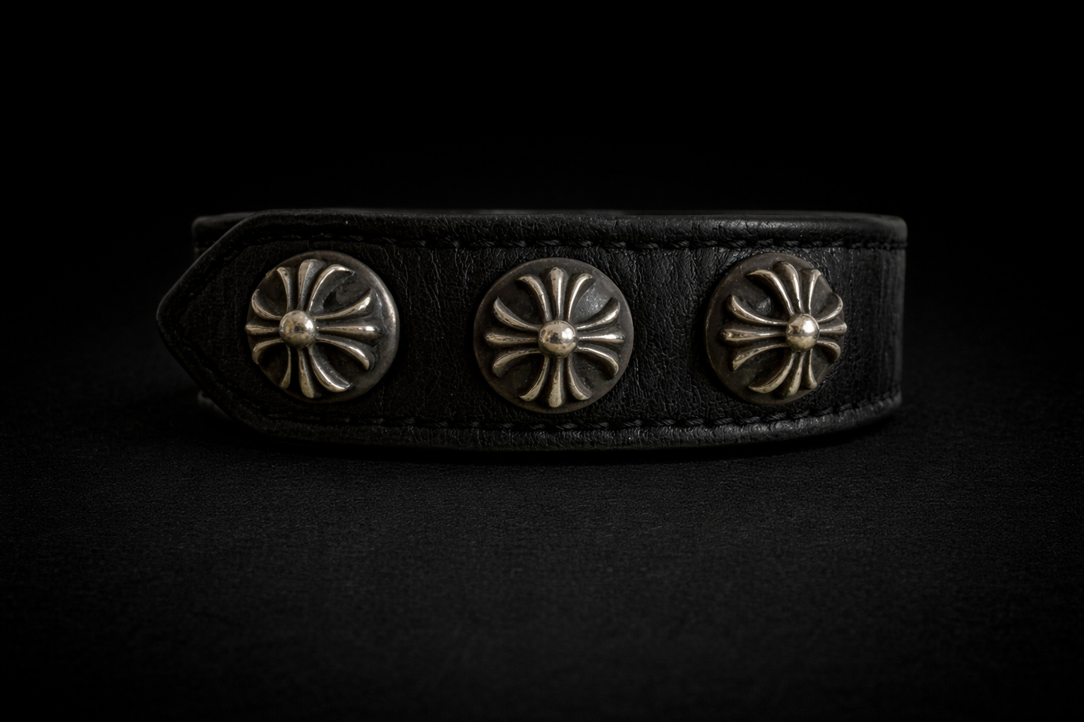 Chrome Hearts Adjustable Leather Sterlingsilver Snap Bracelet Cross 9 inches